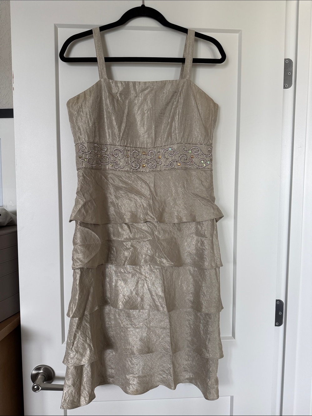 Shimmery Tiered Cocktail Dress with Embellished Waistband - Champagne